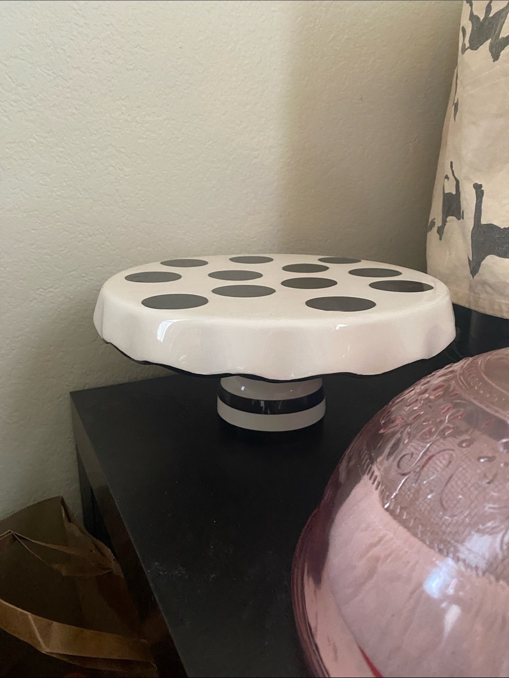 10” White Ceramic Cake Stand with Black Polka Dots and Striped Pedestal